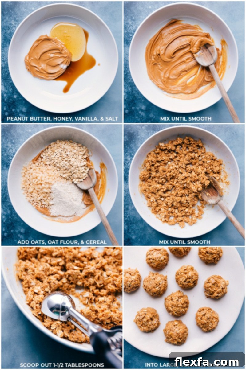 Process shots showing ingredients being mixed for No-Bake Healthy Breakfast Cookies, highlighting the simplicity of preparation.