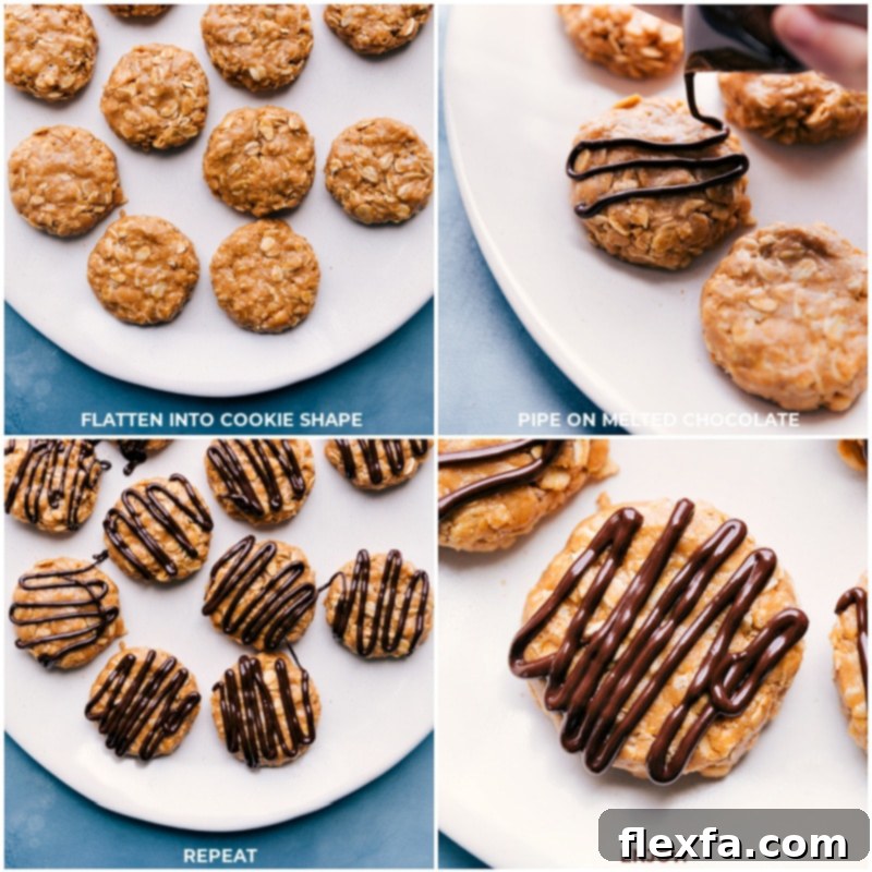 Close-up process shot of No-Bake Healthy Breakfast Cookies being drizzled with melted chocolate, adding an extra layer of deliciousness.