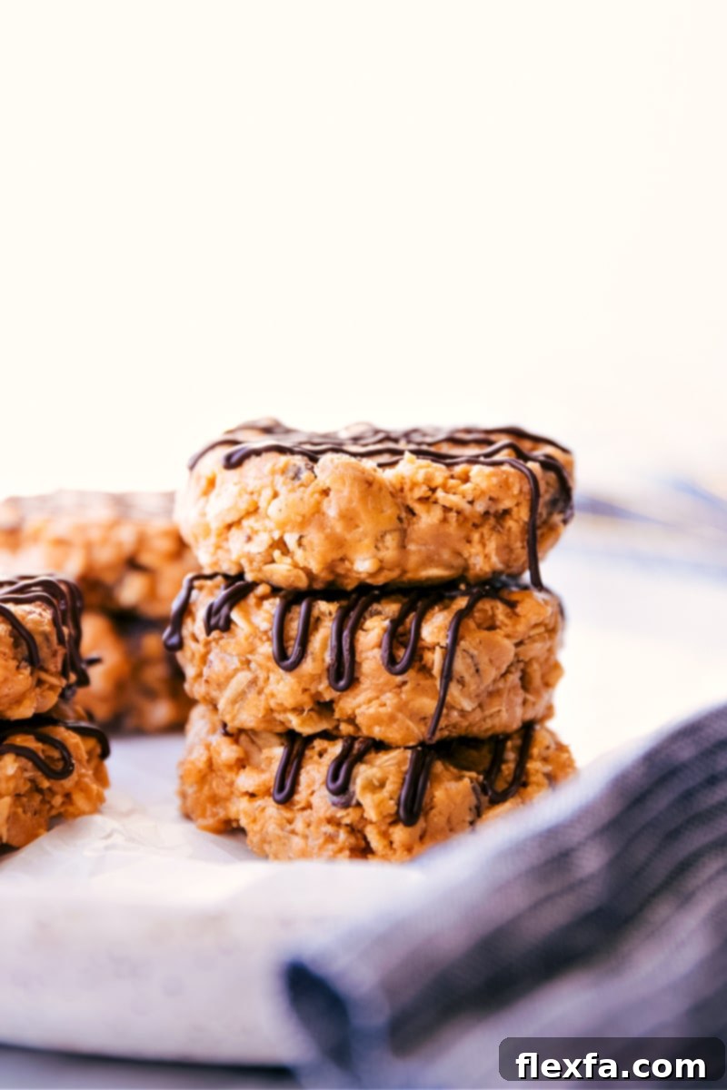 A stack of delicious No-Bake Healthy Breakfast Cookies, showcasing their appealing texture and readiness for a quick snack or breakfast.