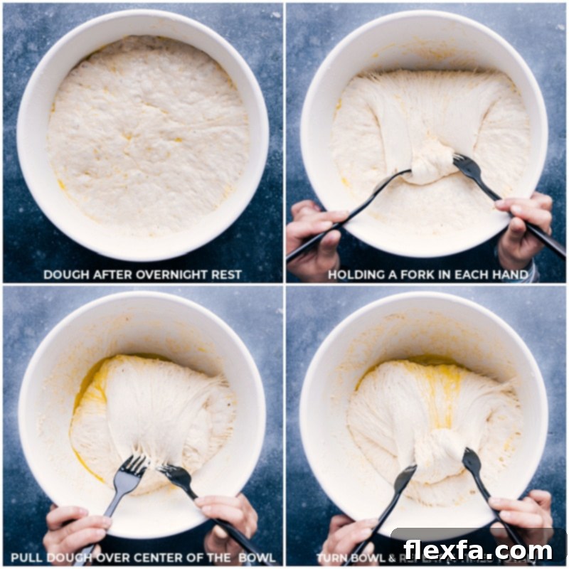 A large bowl containing risen focaccia dough, showing its bubbly and airy texture, ready for shaping.