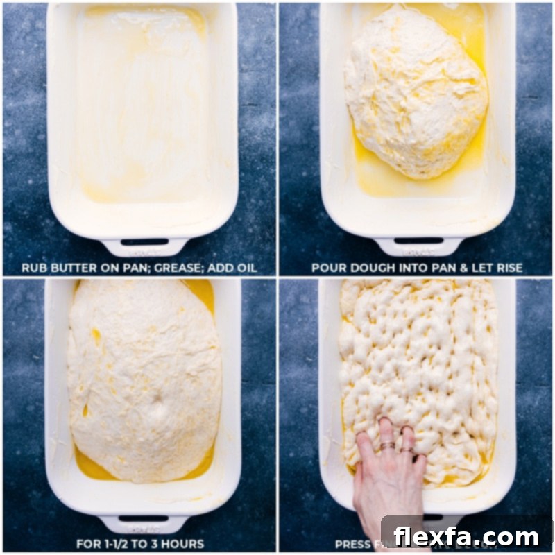 Series of images showing focaccia dough preparation: greasing a pan, dough rising, and fingers dimpling the dough to create its classic texture.