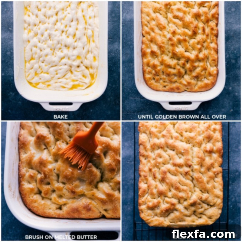 Process shots of Focaccia-- images of the dough being baked and then butter being spread on top
