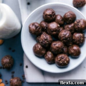 Finished chocolate protein balls in a bowl.