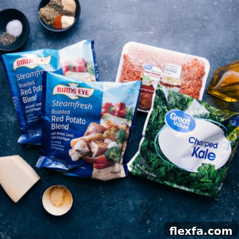 A flat lay photograph showcasing all the ingredients used in the Sausage and Veggie Skillet recipe, neatly arranged.