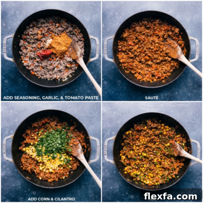 Preparing the Flavorful Ground Beef Filling for Quesadillas Process shots showing ground beef being cooked with seasonings, garlic, tomato paste, corn, and cilantro