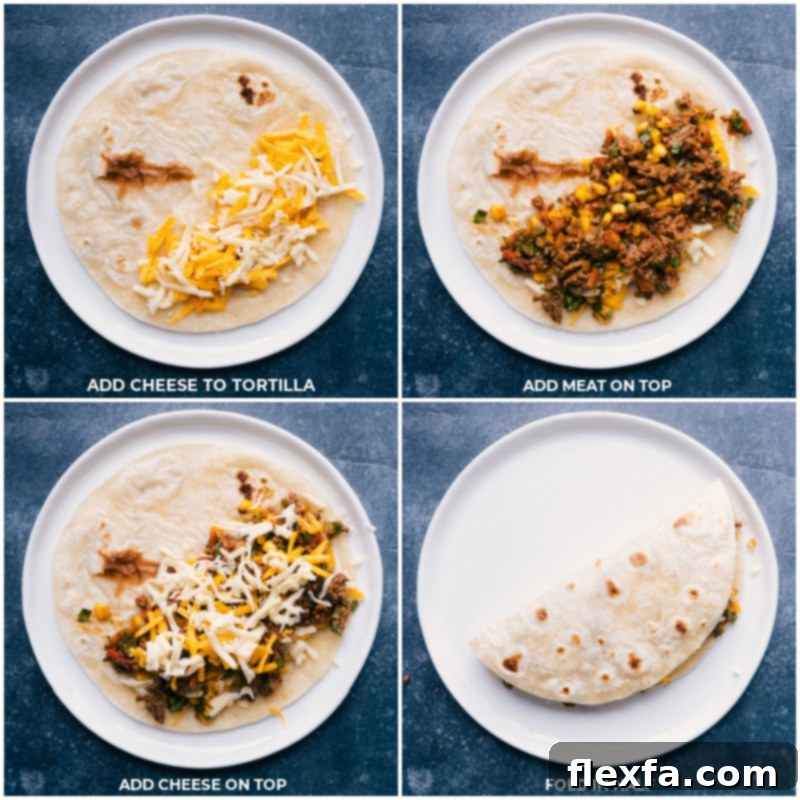Layering Cheese and Seasoned Beef for Delicious Quesadillas Process shots of Ground Beef Quesadillas: cheese, meat, and more cheese being layered on a tortilla
