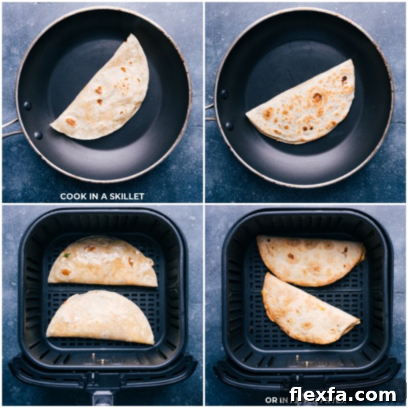 Cooking Ground Beef Quesadillas in a Skillet and Air Fryer for Optimal Crispness Process shots showing the quesadilla being cooked in a skillet and in an air fryer