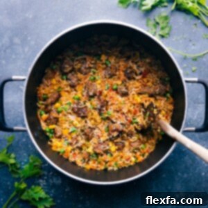 Close-up of One-Pot Meatballs and Rice, garnished with fresh parsley.