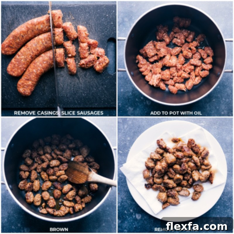 Step-by-step images showing Italian sausage being removed from casings, sliced into coins, and then browned in a pot.