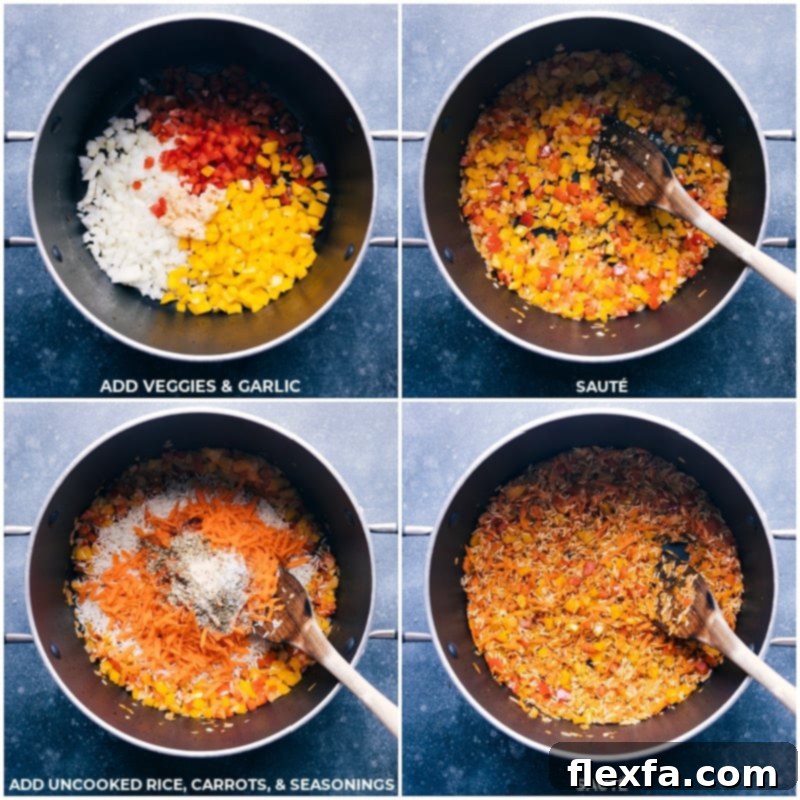 Process shots of building the one-pot Meatballs and Rice: sautéing veggies, garlic, adding rice, carrots, and seasonings.