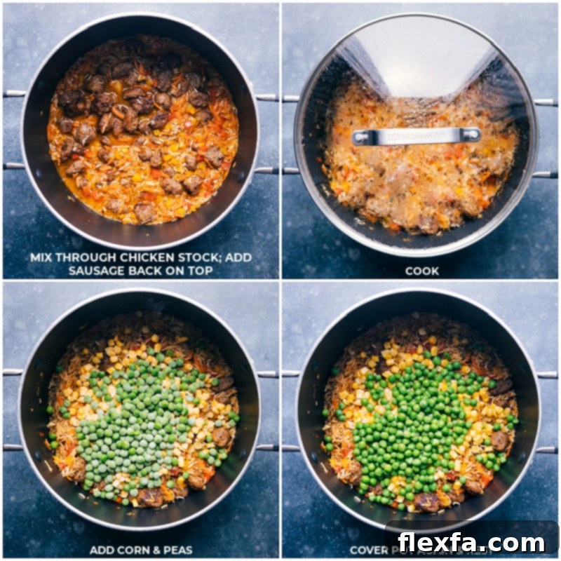 Process shots of the one-pot Meatballs and Rice cooking, followed by the addition of frozen corn and peas for vibrant color and fresh flavor.