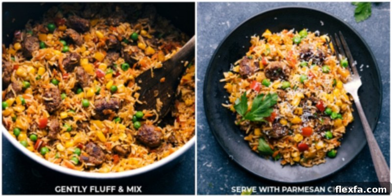 Finished One-Pot Meatballs and Rice being fluffed with a fork and garnished before serving.