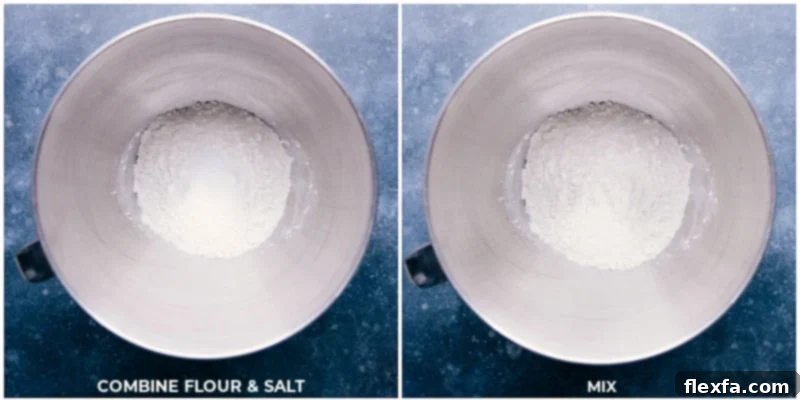 Image of flour and salt being added to a stand mixer bowl, ready for mixing to create homemade French bread dough.