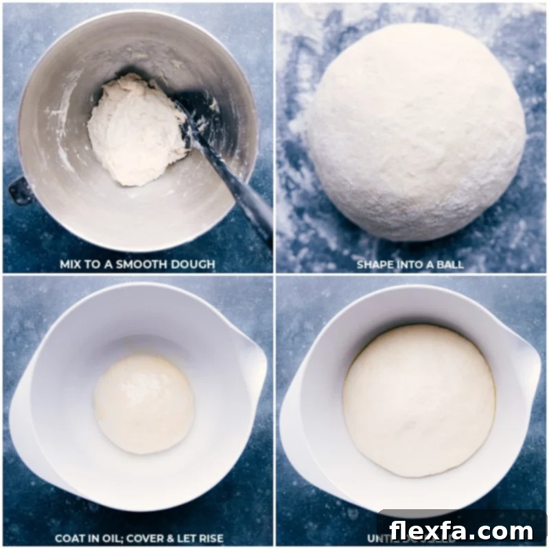Process shots-- images of the dough being rolled into a ball and then being placed in a bowl to rise, showing its increasing volume.