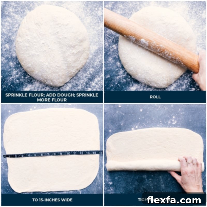 Process shots of French Bread-- images of the dough being sprinkled with flour and it being rolled out and then the dough being rolled up tightly to form the loaf.