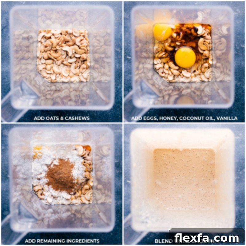 A visual guide showing the process of making healthy pancakes: individual ingredients like oats, cashews, eggs, honey, coconut oil, vanilla, baking powder, salt, and spices are carefully added one by one into a high-speed blender, ready to be transformed into a smooth batter.