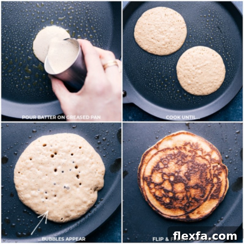 A sequence of images demonstrating the cooking process of healthy pancakes: golden batter being carefully poured onto a preheated, greased pan, followed by an image of pancakes cooking and bubbling on the surface, and finally, a perfect flip with a metal spatula.