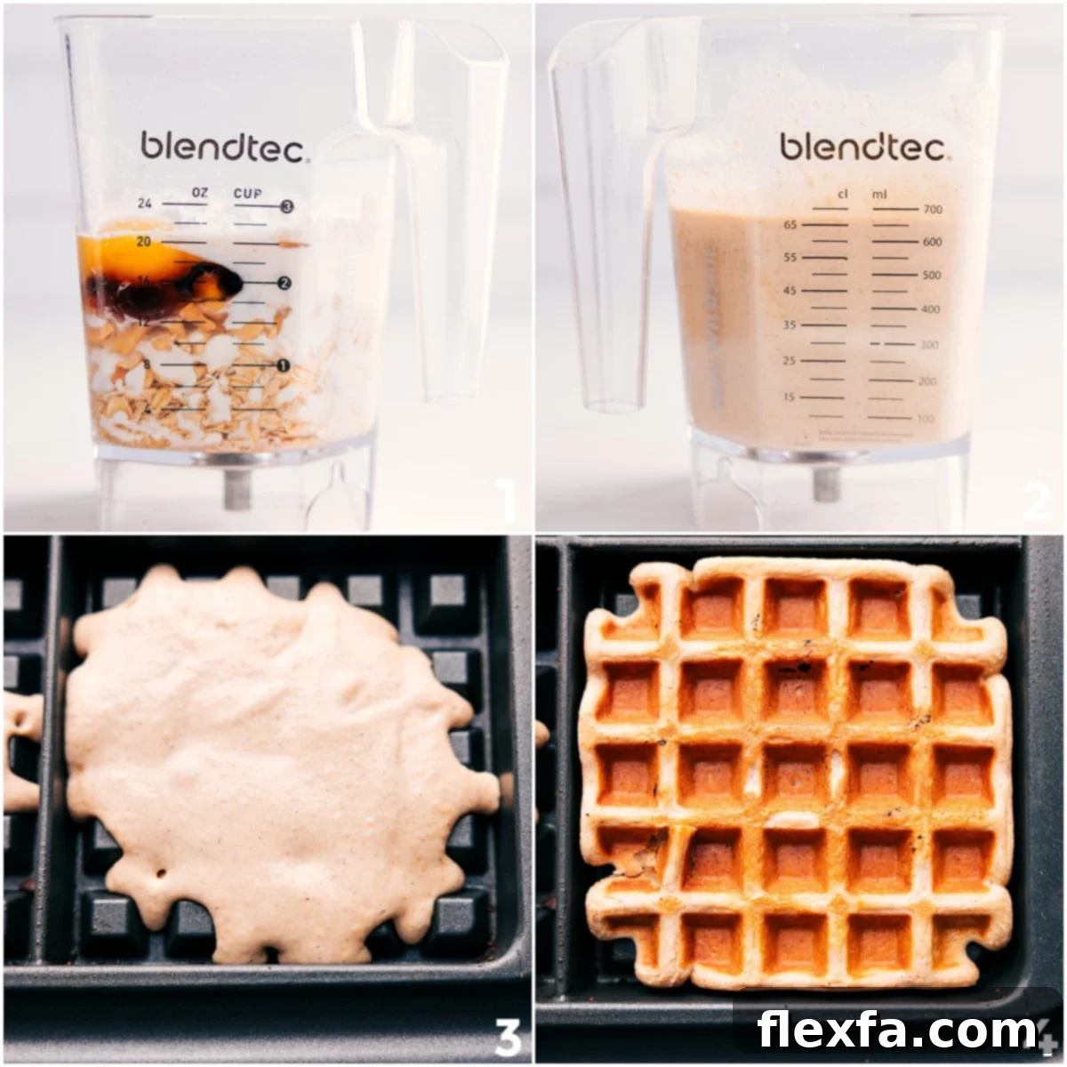 The blended healthy waffle batter is smoothly poured into a preheated waffle maker, ready to cook to golden perfection, with a view of all ingredients blended into a creamy texture.