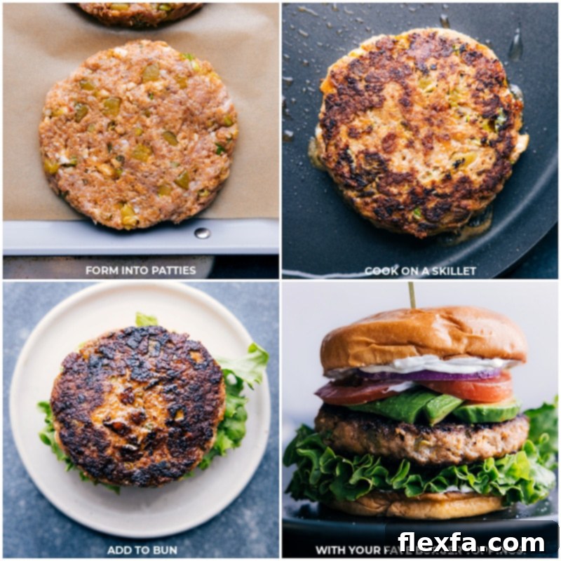 Process shots: forming turkey patties, cooking on a skillet until golden, and assembling the burger with fresh, vibrant toppings