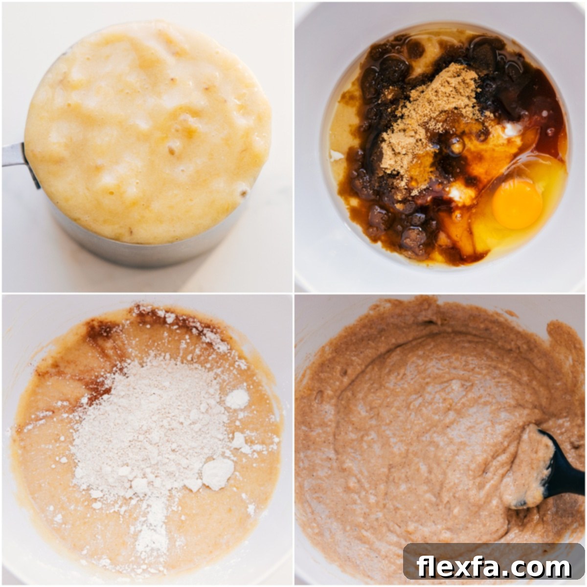 Combining Wet Ingredients for Greek Yogurt Banana Bread The process of preparing Greek yogurt banana bread, showing mashed bananas being measured and the wet and dry ingredients skillfully combined to form a smooth, luscious batter.