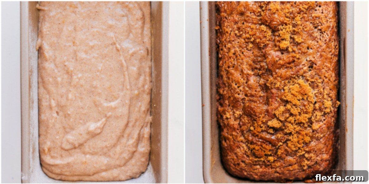 How To Make Greek Yogurt Banana Bread The golden-brown Greek yogurt banana bread batter is gently poured into a prepared loaf pan, ready to be baked to perfection in the oven.