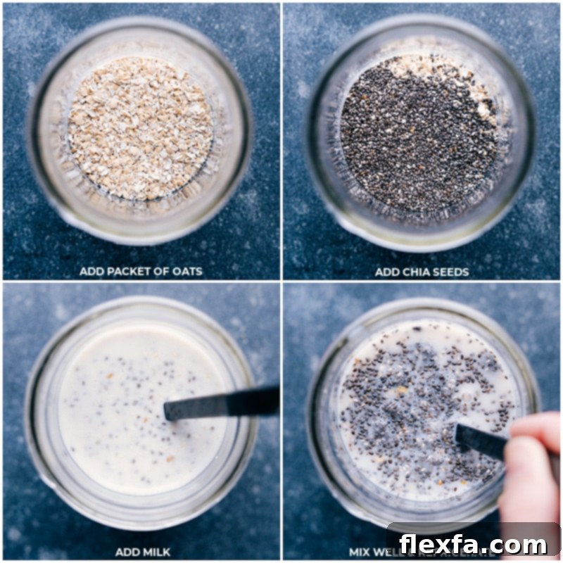 Step-by-step process of preparing Overnight Oats: A glass jar showing oats, chia seeds, and milk being combined, followed by a shot of the mixture ready for refrigeration.