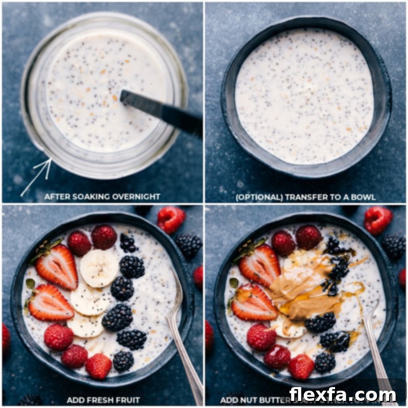 A sequence of photos showing the transition of Overnight Oats: from a thick, soaked mixture in a jar to being transferred into a bowl, then adorned with colorful fresh fruit, and finally topped with a generous dollop of nut butter and other delightful garnishes.