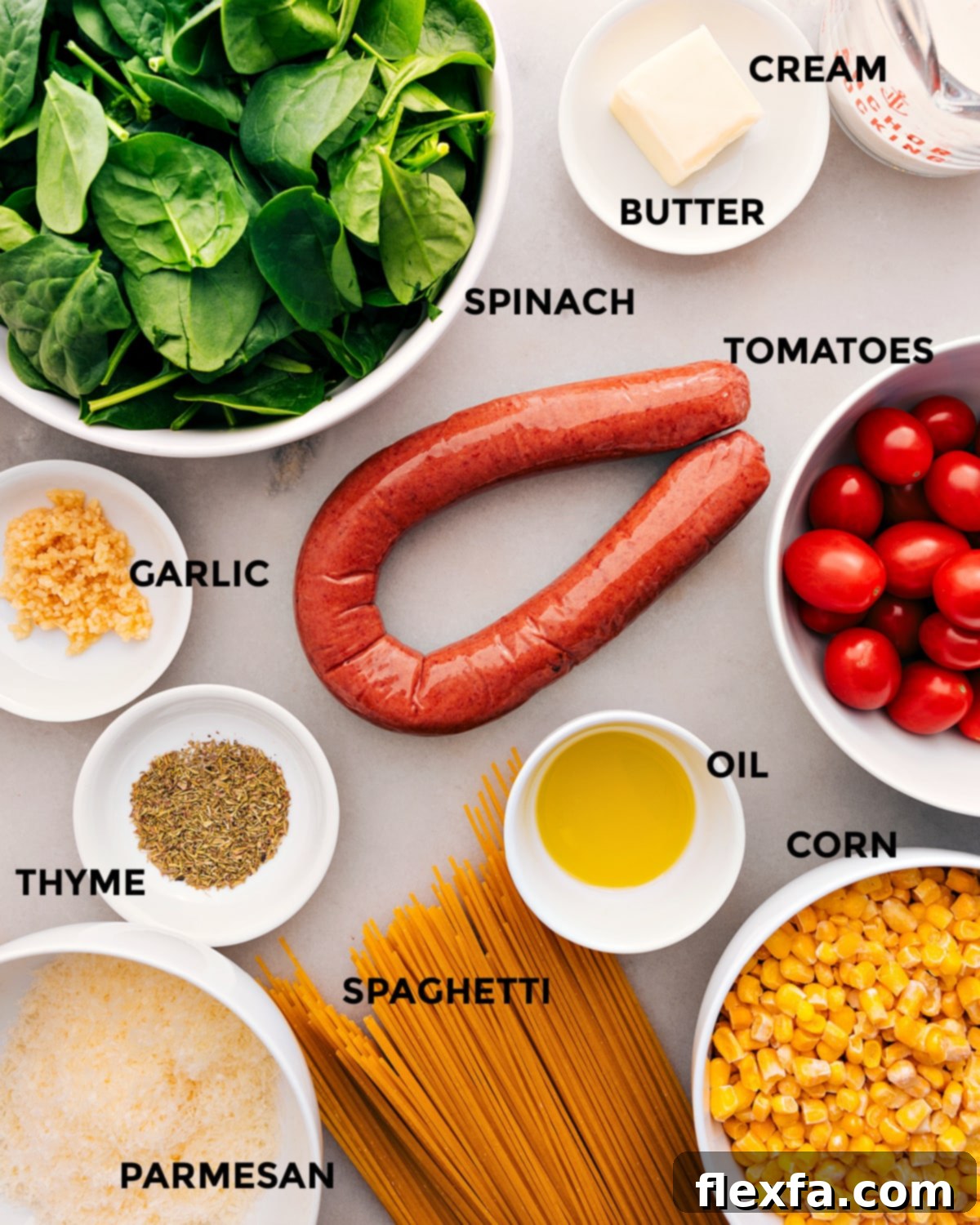Ingredients In Corn And Sausage Pasta A selection of fresh ingredients prepped for making Corn and Sausage Pasta, including sliced sausage, cherry tomatoes, fresh spinach, corn, spaghetti, and seasonings.