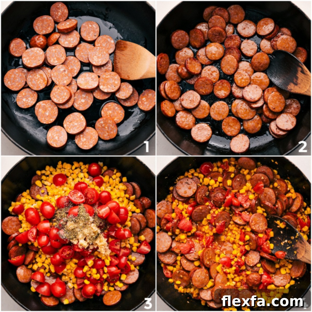 How To Make Corn And Sausage Pasta Smoked sausage browning in a skillet, followed by the addition of corn, cherry tomatoes, and seasonings to create the flavorful sauce base.