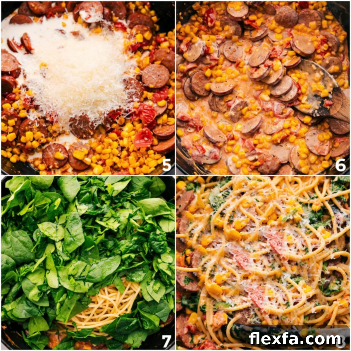 Creamy And Delicious Corn And Sausage Pasta Delicious Corn and Sausage Pasta being tossed with fresh spinach and Parmesan cheese in a skillet, creating a vibrant and creamy dish.