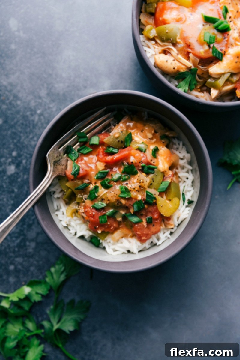 Crockpot Cajun Chicken Delight - Served with Rice and Herbs Crockpot Cajun Chicken over rice in a bowl, garnished with fresh herbs, ready to be enjoyed.