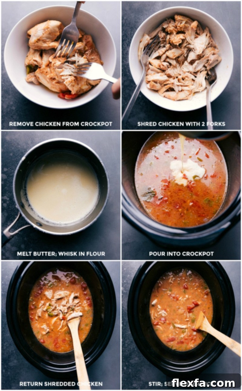 Steps of Creation - From Shredding Chicken to Creamy Sauce Completion Chicken being lifted from a slow cooker to shred, cream sauce preparation and whisking, and chicken returned to the pot.