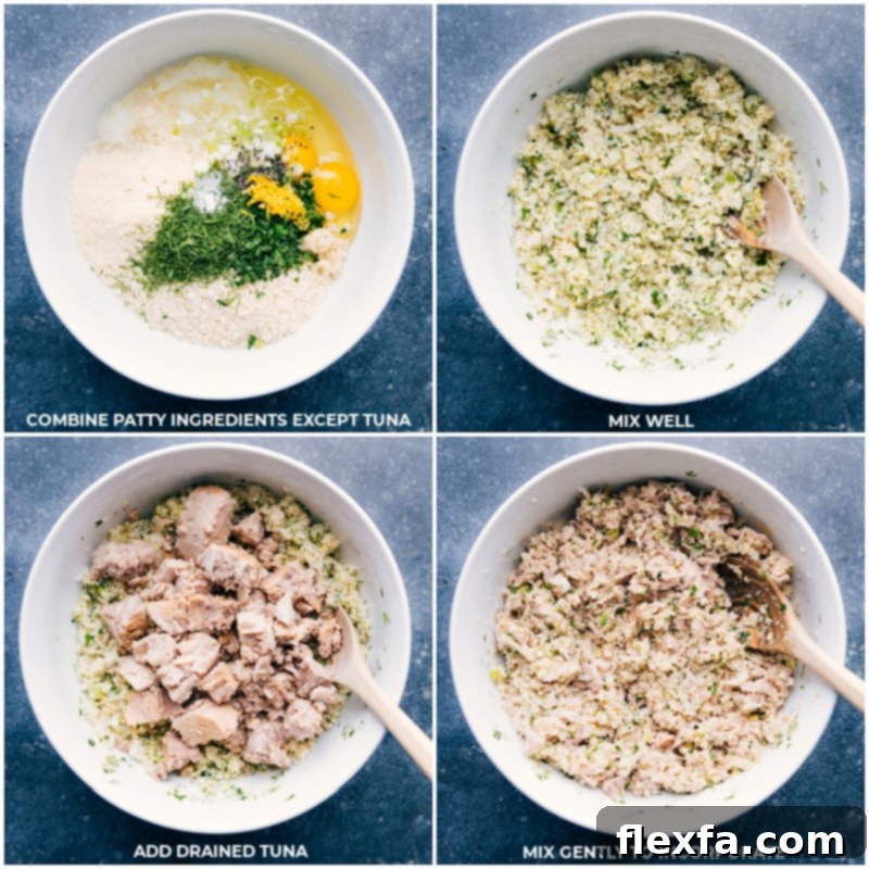 Crispy Tuna Cakes 4 Step-by-step images showing the preparation of tuna patties, from mixing ingredients to forming the patties
