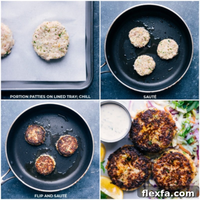 Crispy Tuna Cakes 5 Close-up images showing tuna patties being pan-fried to a golden crisp in a hot skillet