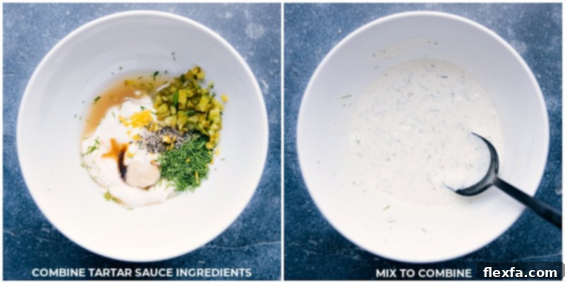 Crispy Tuna Cakes 6 Process shots showing ingredients for homemade tartar sauce being mixed in a small bowl