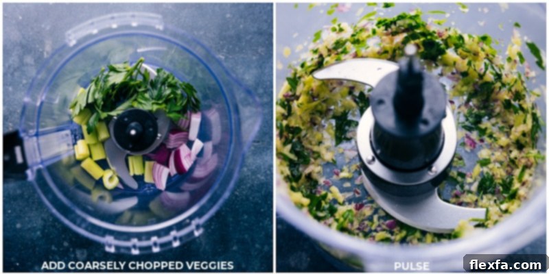 Process shots showing various vegetables being finely chopped together for the salad base.