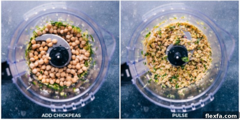 Process shots demonstrating how chickpeas are added and pulsed in a food processor to achieve the desired texture.