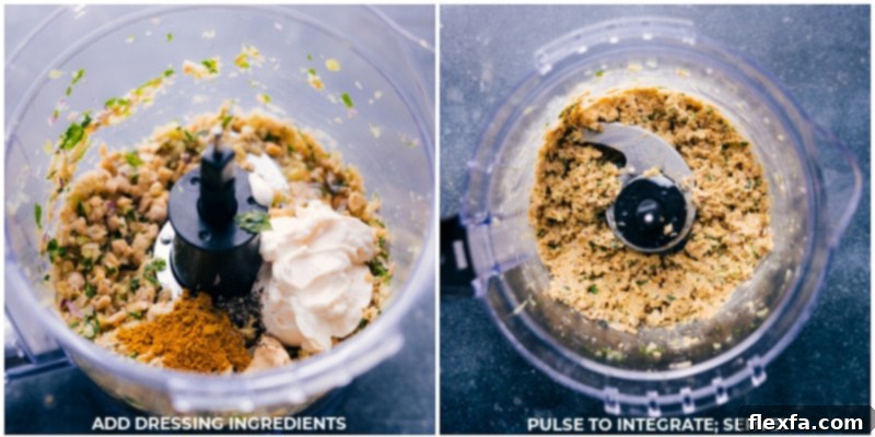 Process shots showing the various dressing ingredients being added and pulsed together in a food processor.