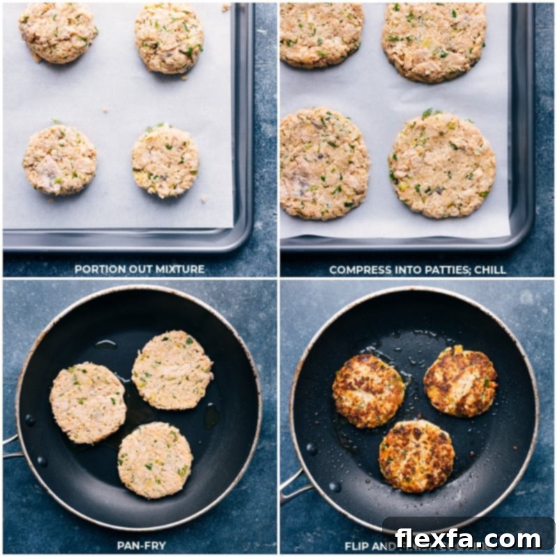 Add a handful of greens and a ripe avocado to your burger and be ready to have these burgers on permanent dinner rotation! Recipe via ChelseasMessyApron #dinner #quick #easy #simple #familyfriendly #kidfriendly #grilled #healthy #cleaneating #salmon #burger Process shots demonstrating the formation and cooking of salmon patties, showing the mixture being portioned and then pan-fried to a golden crisp.