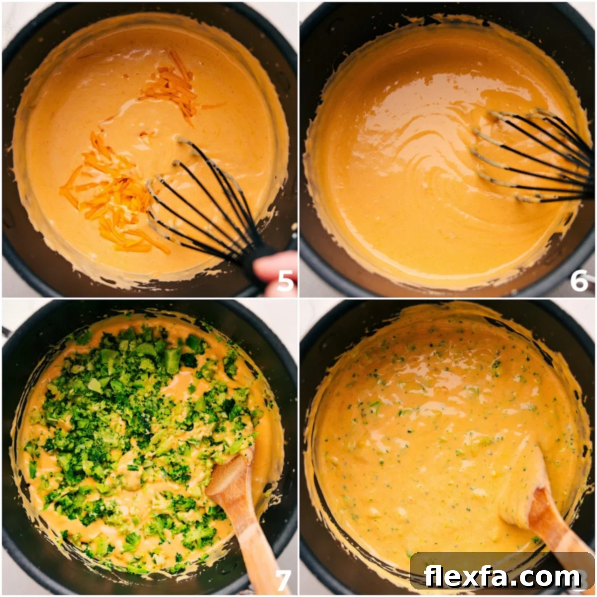 Whisk the cheese sauce in a pot, then stir in the cheese and broccoli.