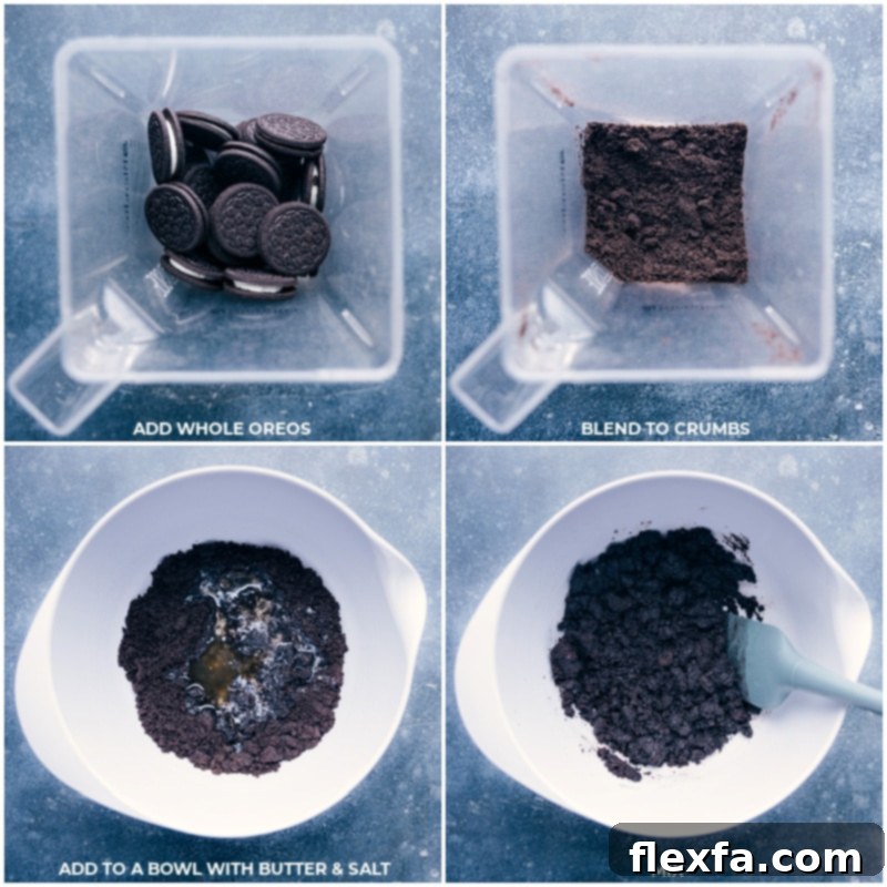Process shots showing Oreos being blended with butter and salt to make the pie crust