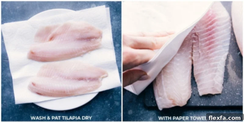 Tilapia fillets being carefully patted dry with paper towels, an essential step for crispy air-fried fish.