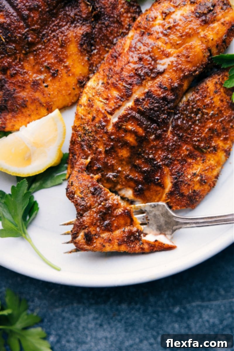 Close-up overhead view of a fork taking a bite from a flaky, perfectly cooked Air Fryer Tilapia fillet.