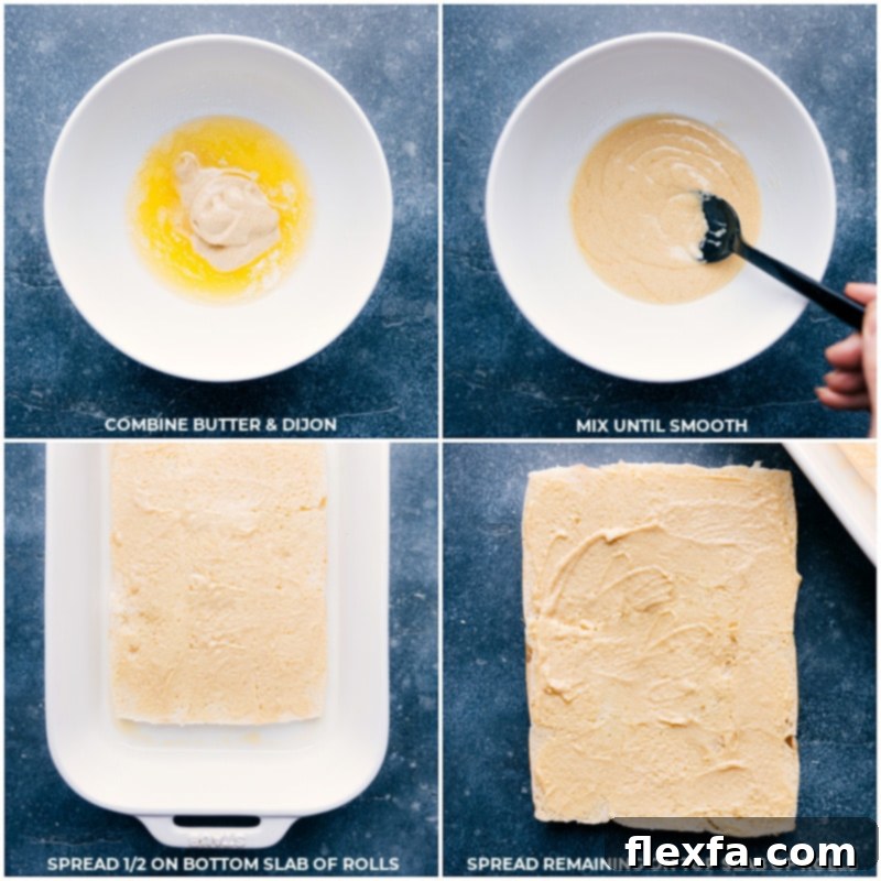 Detailed process shot showing Dijon mustard being mixed with melted butter and then spread generously onto the cut surfaces of Hawaiian sweet rolls.