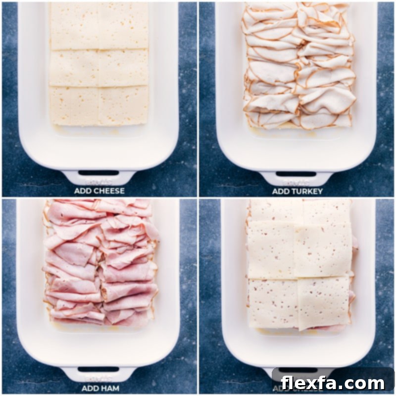 Step-by-step layering of Swiss cheese, ham, and turkey onto the bottom half of Hawaiian sweet rolls in a baking dish.