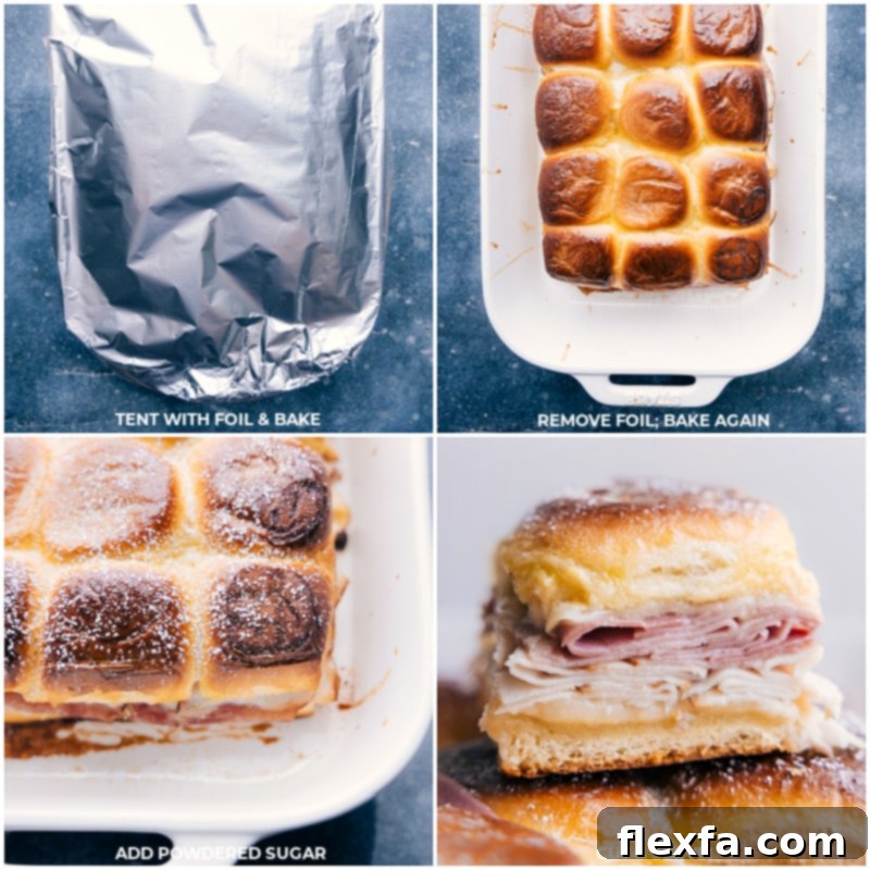 Golden Monte Cristo Sliders, fresh from the oven, being dusted with powdered sugar and arranged on a platter with berry jam for serving.