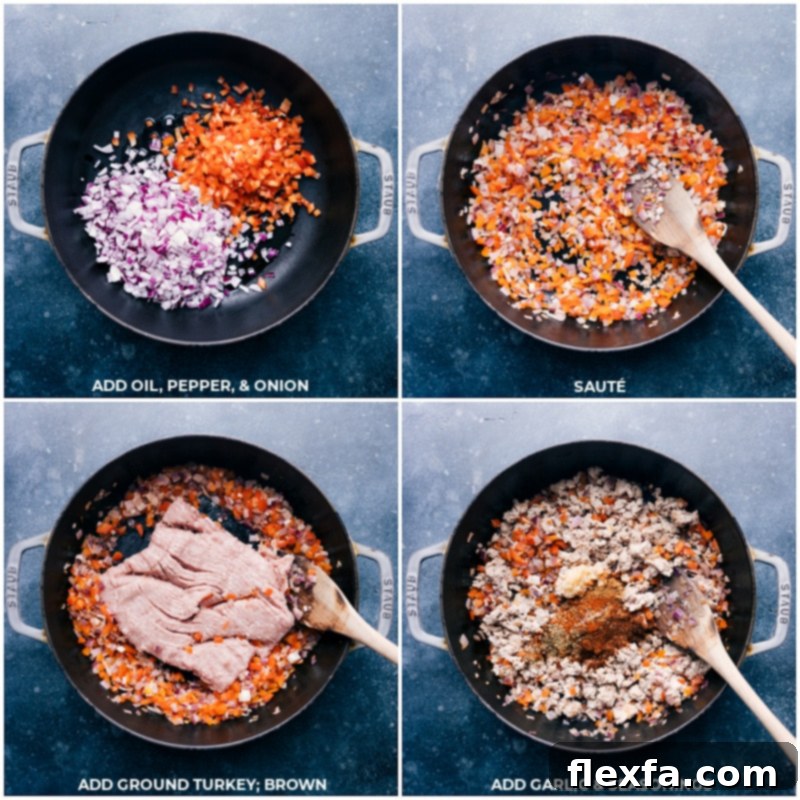 Process shots showing vegetables being sautéed and ground turkey browning in a skillet
