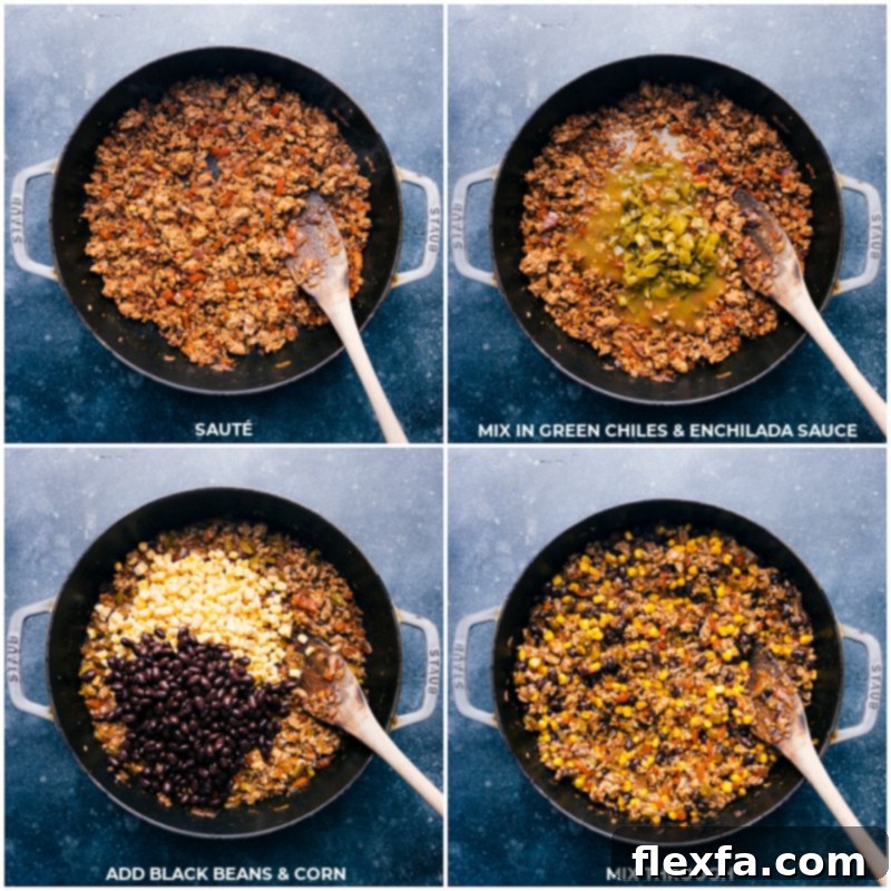 Process shots of adding green chiles, enchilada sauce, black beans, and corn to the ground turkey skillet