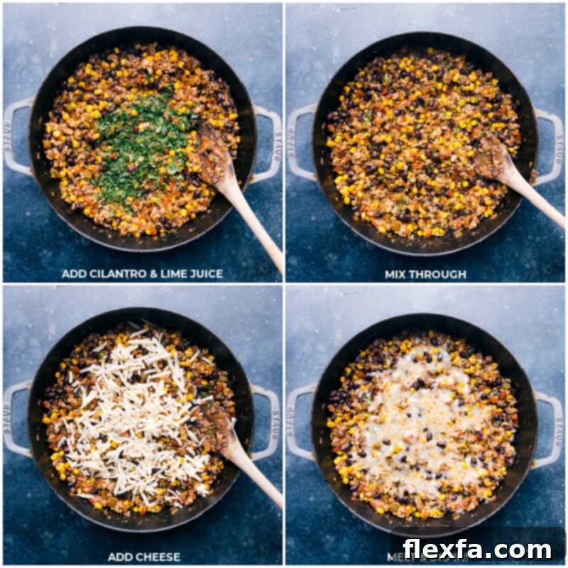 Process shots of adding cilantro, lime juice, and cheese to the Green Chile Ground Turkey