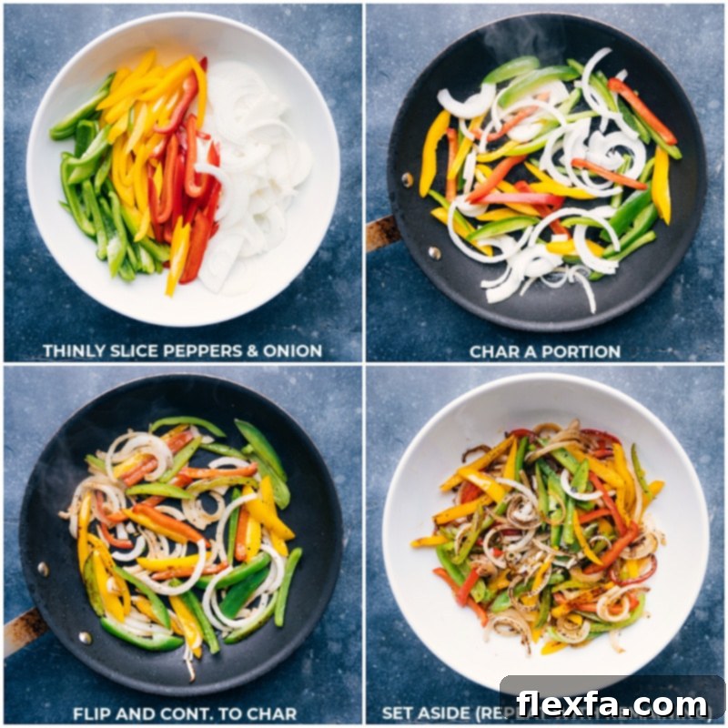 Process shots-- images of the peppers and onions being chopped and cooked